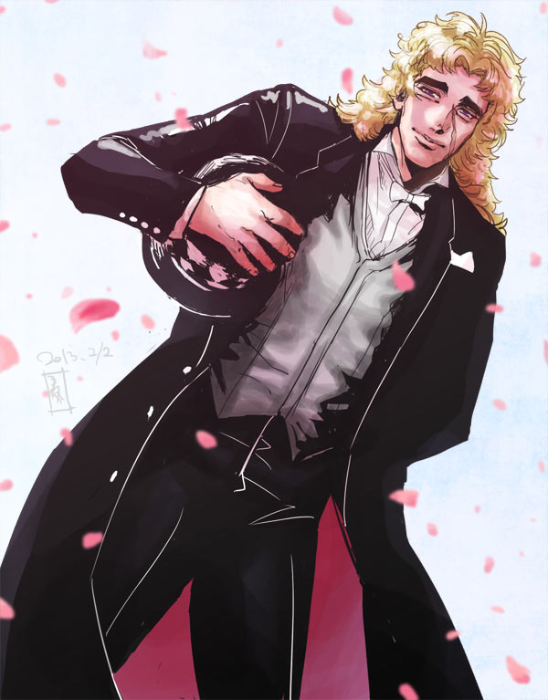1boy, blonde_hair, blue_sky, dated, formal, hat, jojo_no_kimyou_na_bouken, kotobukimaru