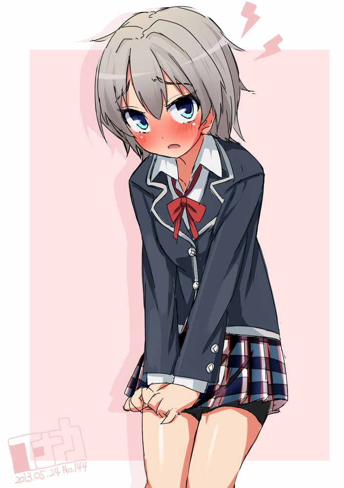 1girl, blazer, blue_eyes, blush, brown_hair, inaka_keikou, plaid, plaid_skirt