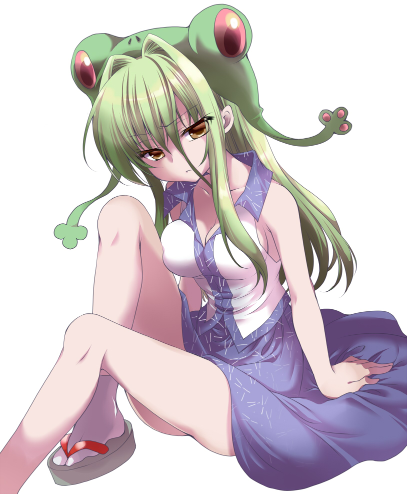 1girl, breasts, cleavage, frog_hat, green_hair, japanese_clothes, kochiya_sanae, legs