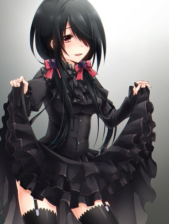 1girl, black_hair, date_a_live, dress, flower, hair_flower, hair_ornament, hair_over_one_eye, hairband, kirito_(tundereyuina), long_hair, looking_at_viewer, red_eyes, ribbon, rose, smile, solo, tagme, thigh_strap, tokisaki_kurumi, twintails