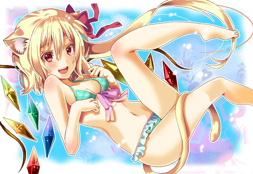 1girl, :d, animal_ears, bikini, blonde_hair, blush, cat_ears, cat_tail
