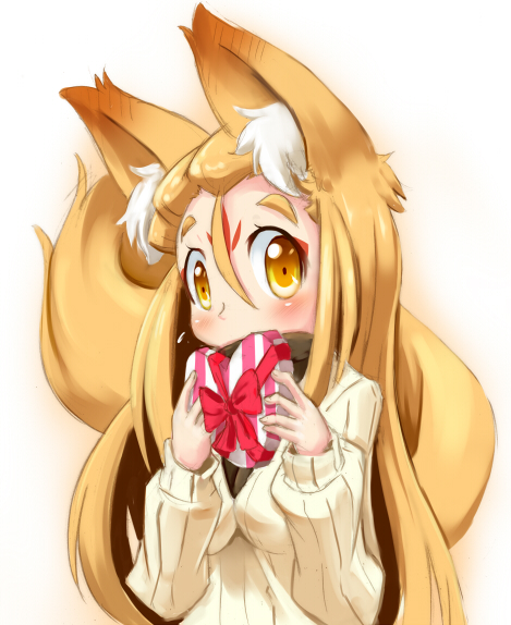 1girl, animal_ears, blonde_hair, blush, breasts, fox_ears, fox_tail, long_hair