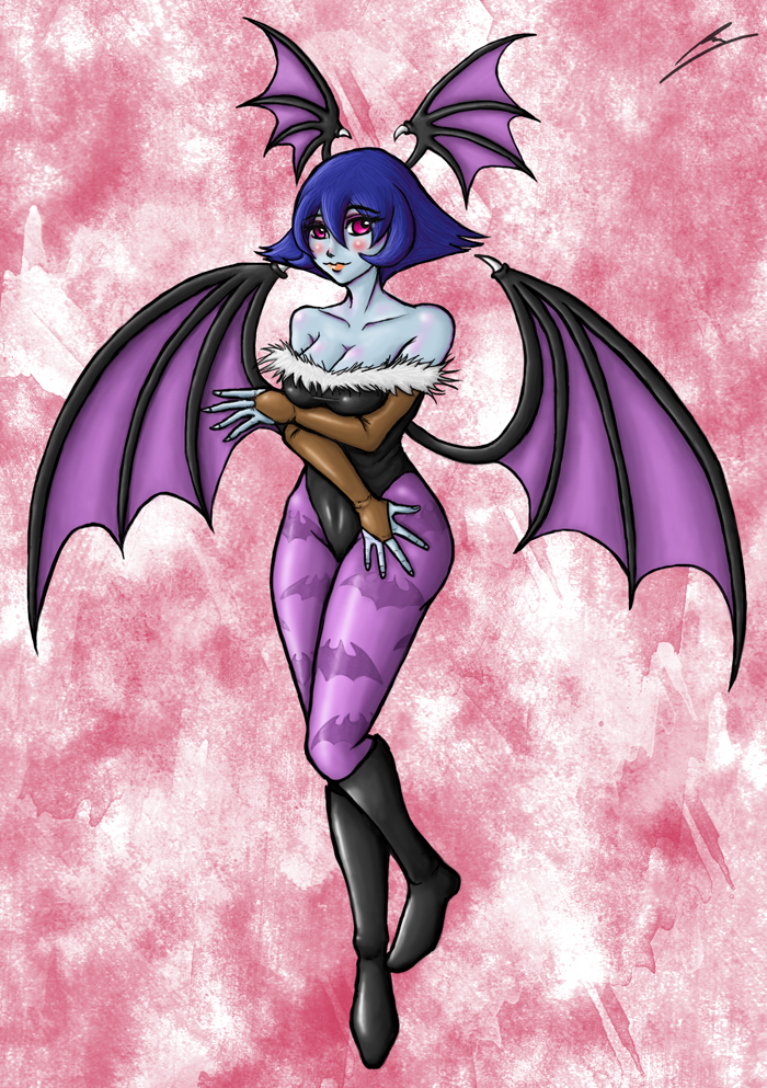 1girl, bare_shoulders, bat_print, bat_wings, blue_hair, blue_skin, blush, borockman