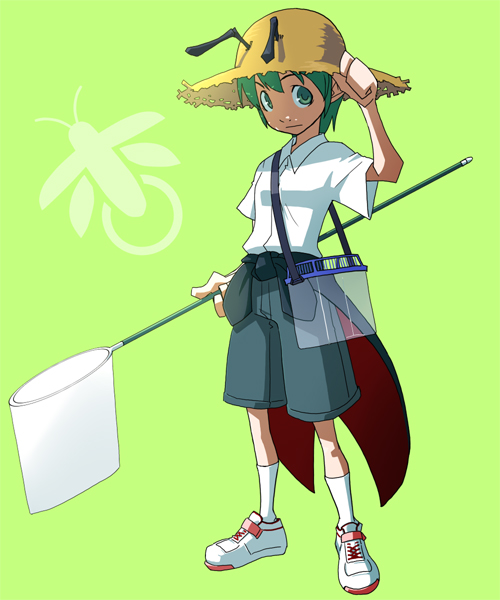 antenna, antennae, butterfly_net, cosplay, green_eyes, green_hair, hand_net, hat