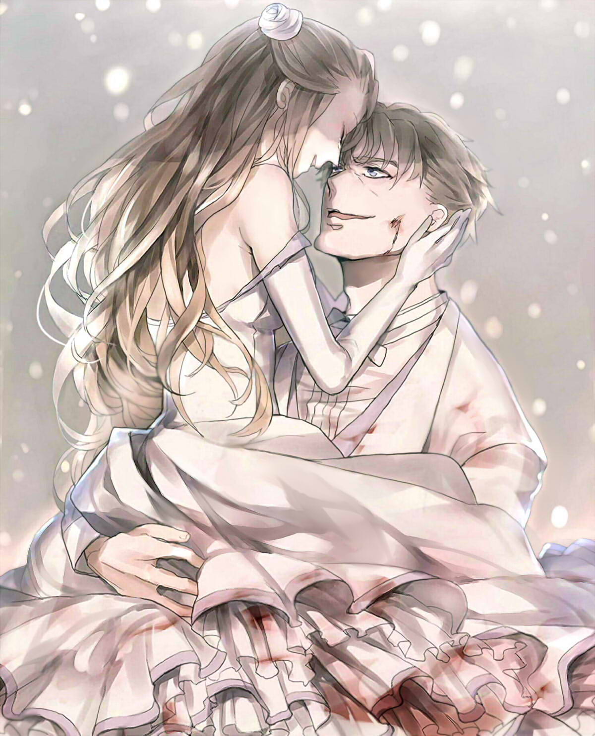 1boy, 1girl, ayatoki-1, baccano!, blood, brown_hair, closed_eyes, couple
