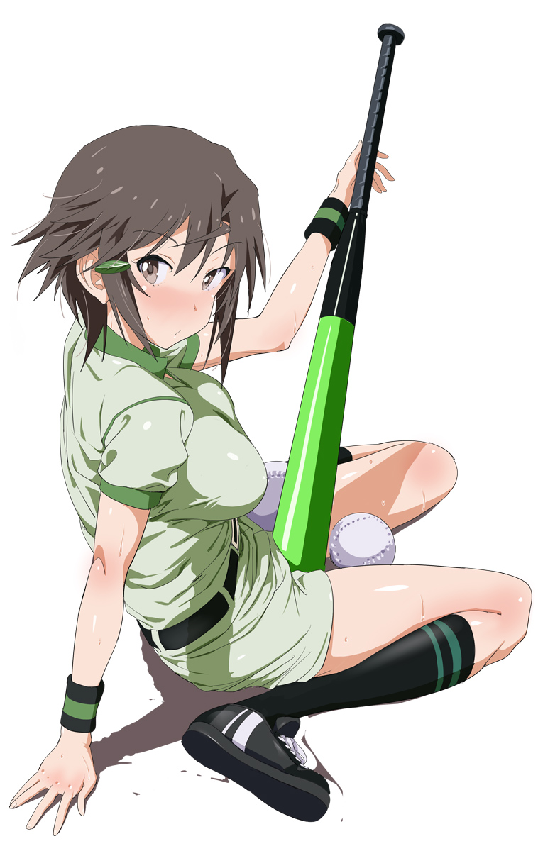 1girl, arm_support, baseball, belt, between_legs, blush, brown_hair, hair_ornament