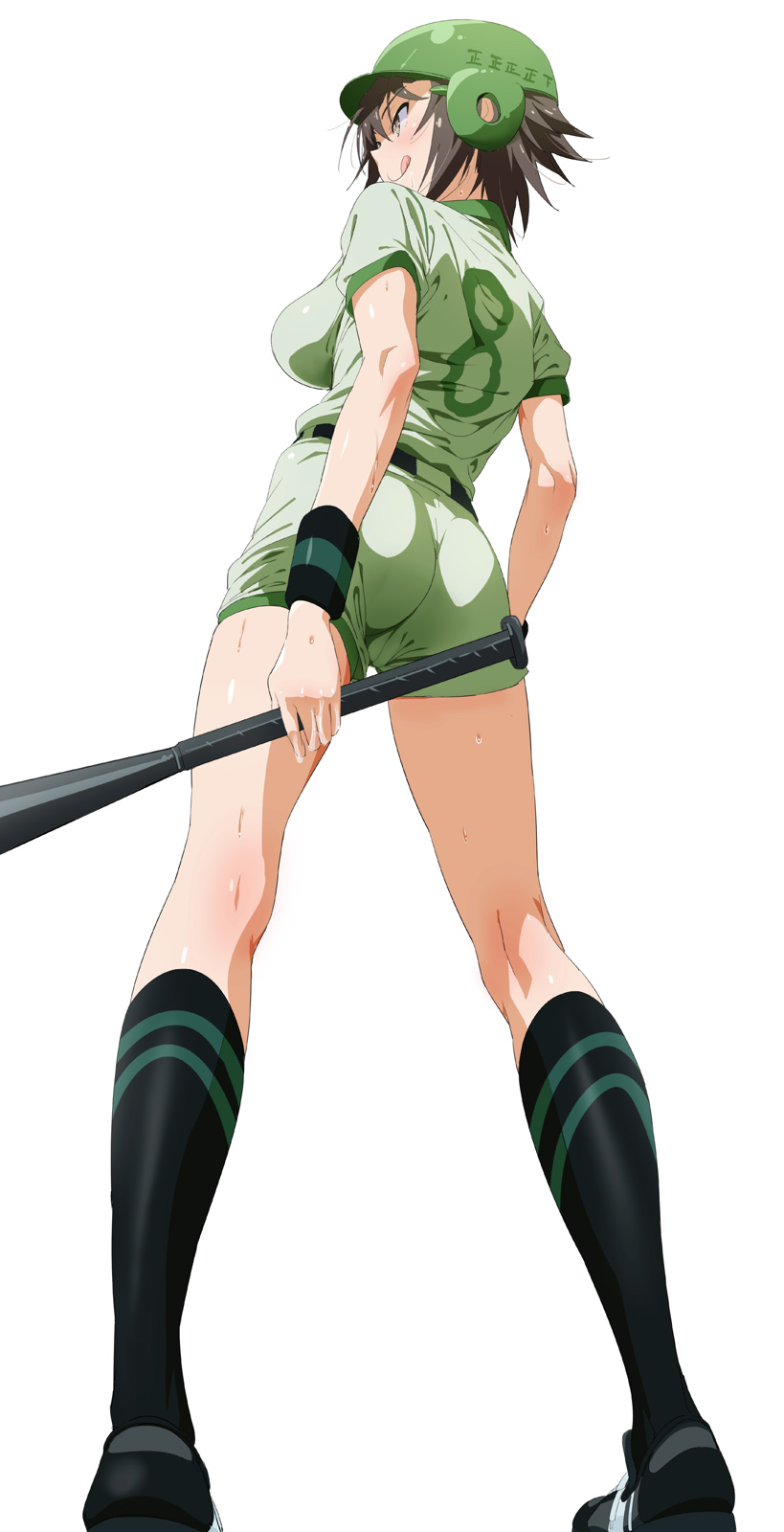 :q, ass, baseball_bat, baseball_uniform, belt, black_legwear, hat, highres