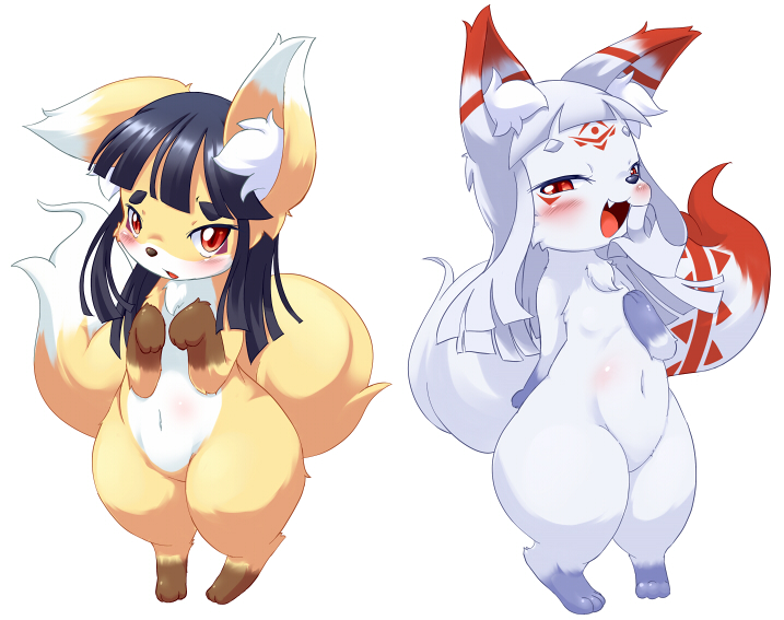 blush, fox, furry, long_hair, looking_at_viewer, open_mouth, original, red_eyes