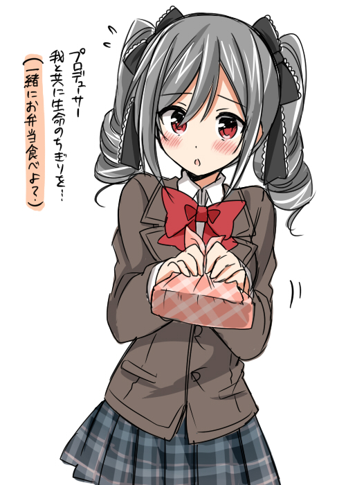 1girl, blazer, blush, bowtie, chestnut_mouth, drill_hair, hair_ribbon, idolmaster