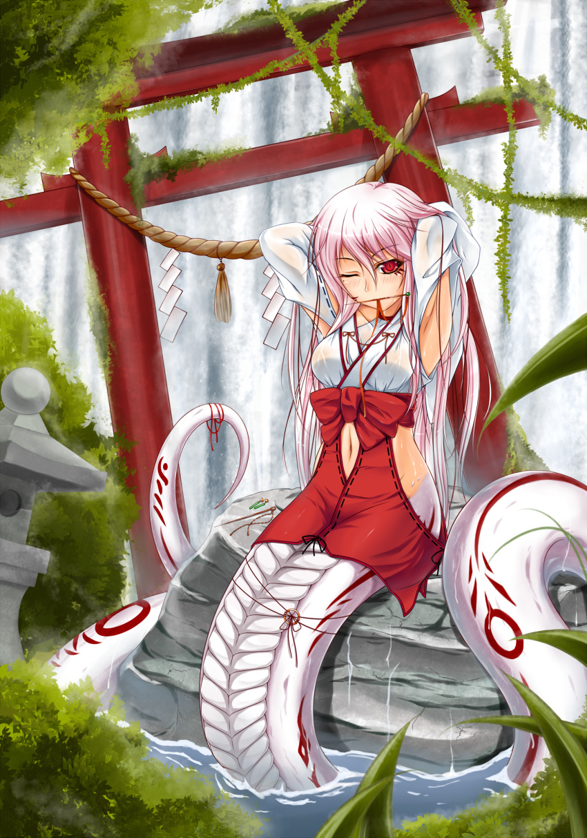 1girl, adjusting_hair, armpits, arms_up, breasts, highres, japanese_clothes, lamia, long_hair, midnight_(artist), miko, monster_girl, mouth_hold, navel, navel_cutout, original, pink_hair, red_eyes, solo, torii, water, waterfall, wet