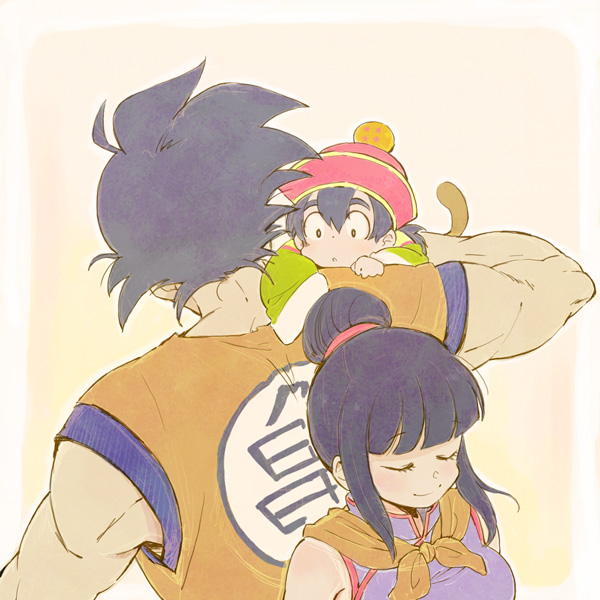 1girl, 2boys, back-to-back, black_hair, carrying, chichi, closed_eyes, dragon_ball, dragon_ball_z, family, father_and_son, hat, long_hair, mother_and_son, mukamo_(inujita), multiple_boys, smile, son_gohan, son_gokuu, tail