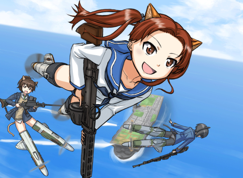 2girls, aircraft_carrier, anatomirai, animal_ears, brown_hair, flying, girls_und_panzer, gun