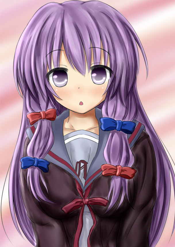 1girl, :<, bow, breasts, cosplay, gradient, gradient_background, hair_bow