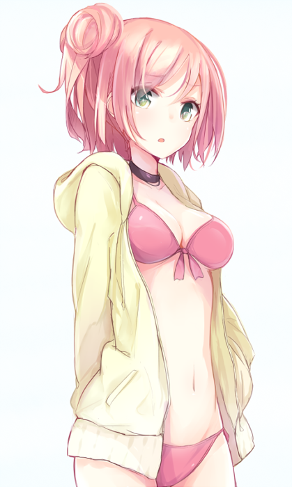 1girl, bikini, blush, breasts, choker, cleavage, green_eyes, hair_bun
