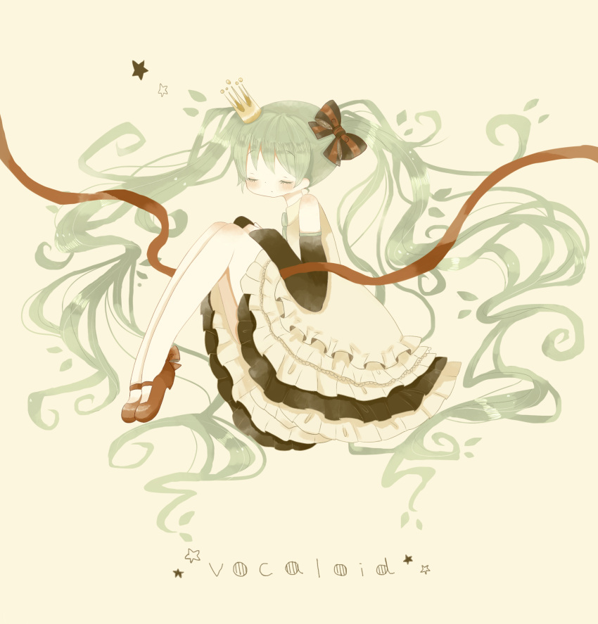 1girl, absurdres, bow, closed_eyes, copyright_name, crown, detached_sleeves, dress, green_hair, hair_bow, hatsune_miku, highres, long_hair, mary_janes, ogakororomi, shoes, solo, twintails, very_long_hair, vocaloid