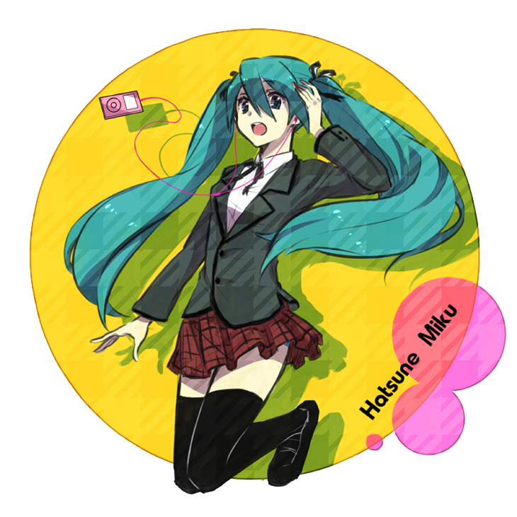 1girl, character_name, digital_media_player, earphones, green_eyes, green_hair, hair_ribbon, hatsune_miku