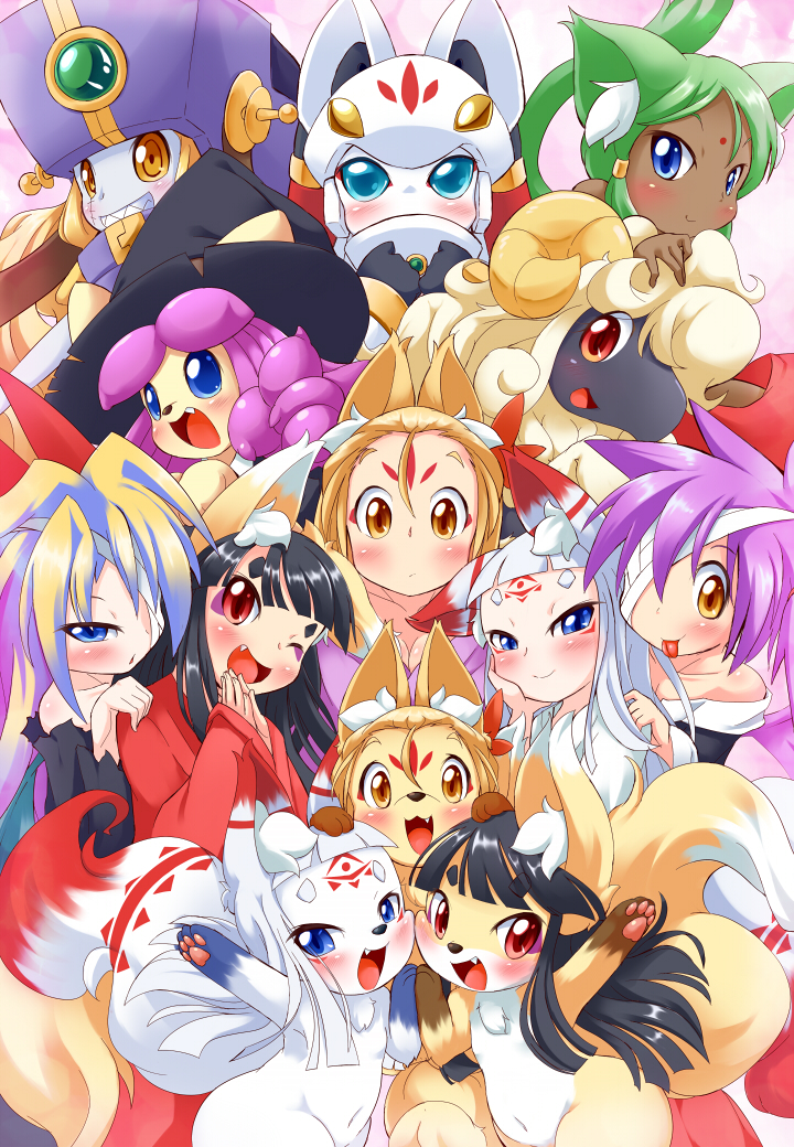 animal_ears, black_hair, blonde_hair, blue_eyes, blush, fox_ears, fox_tail, furry
