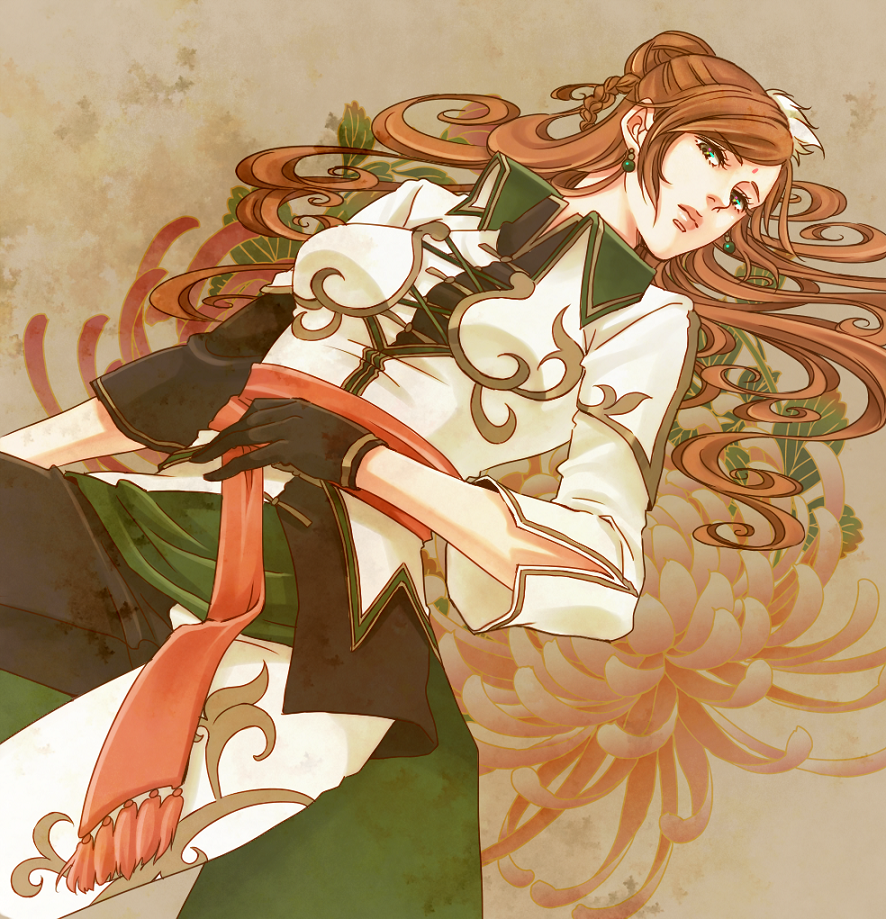 1girl, braid, earrings, gloves, green_eyes, inahachi, jewelry, long_hair