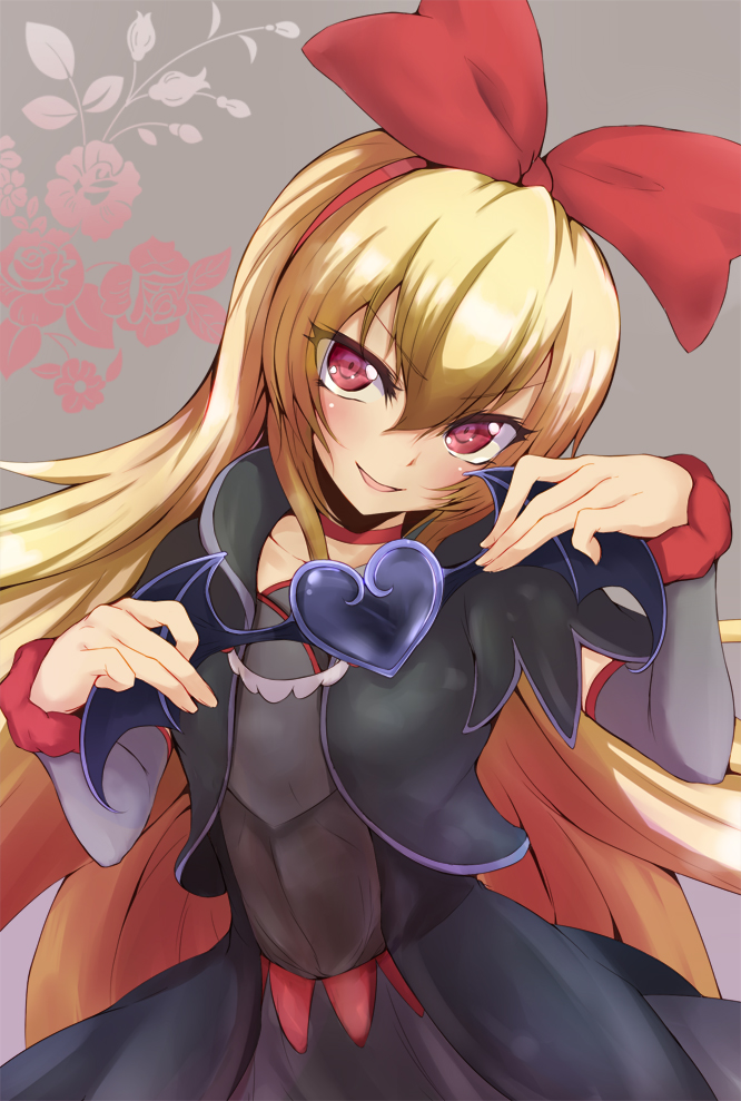 1girl, avy417, bat_wings, blonde_hair, dokidoki!_precure, floral_background, hair_ribbon, heart
