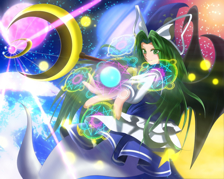 1girl, beam, crescent, demon_wings, earth, ghost_tail, green_eyes, green_hair