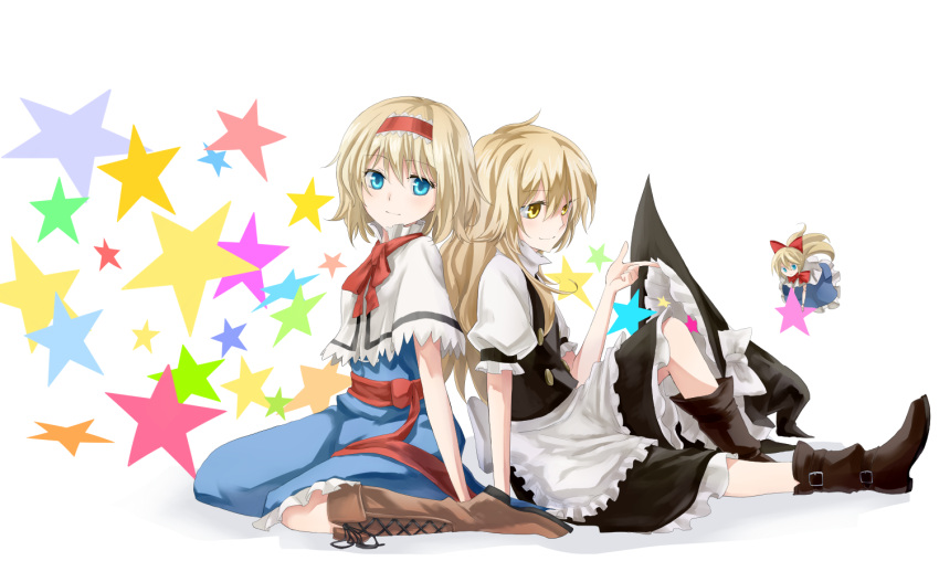 2girls, alice_margatroid, back-to-back, blonde_hair, blue_eyes, hat, hat_removed, headwear_removed