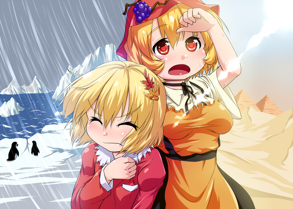 2girls, ^_^, aki_minoriko, aki_shizuha, bird, blonde_hair, blush, closed_eyes