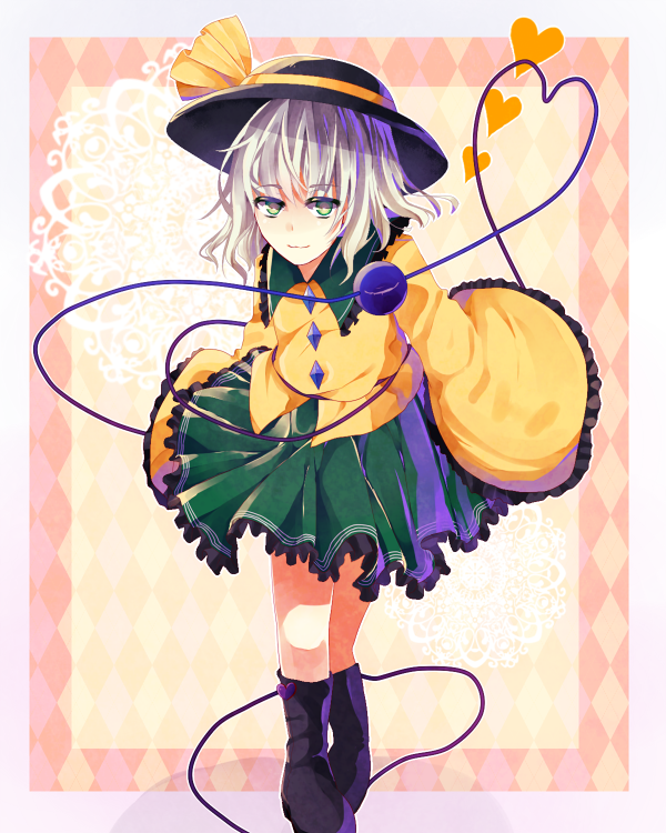 1girl, argyle, argyle_background, boots, green_skirt, hat, hat_ribbon, heart