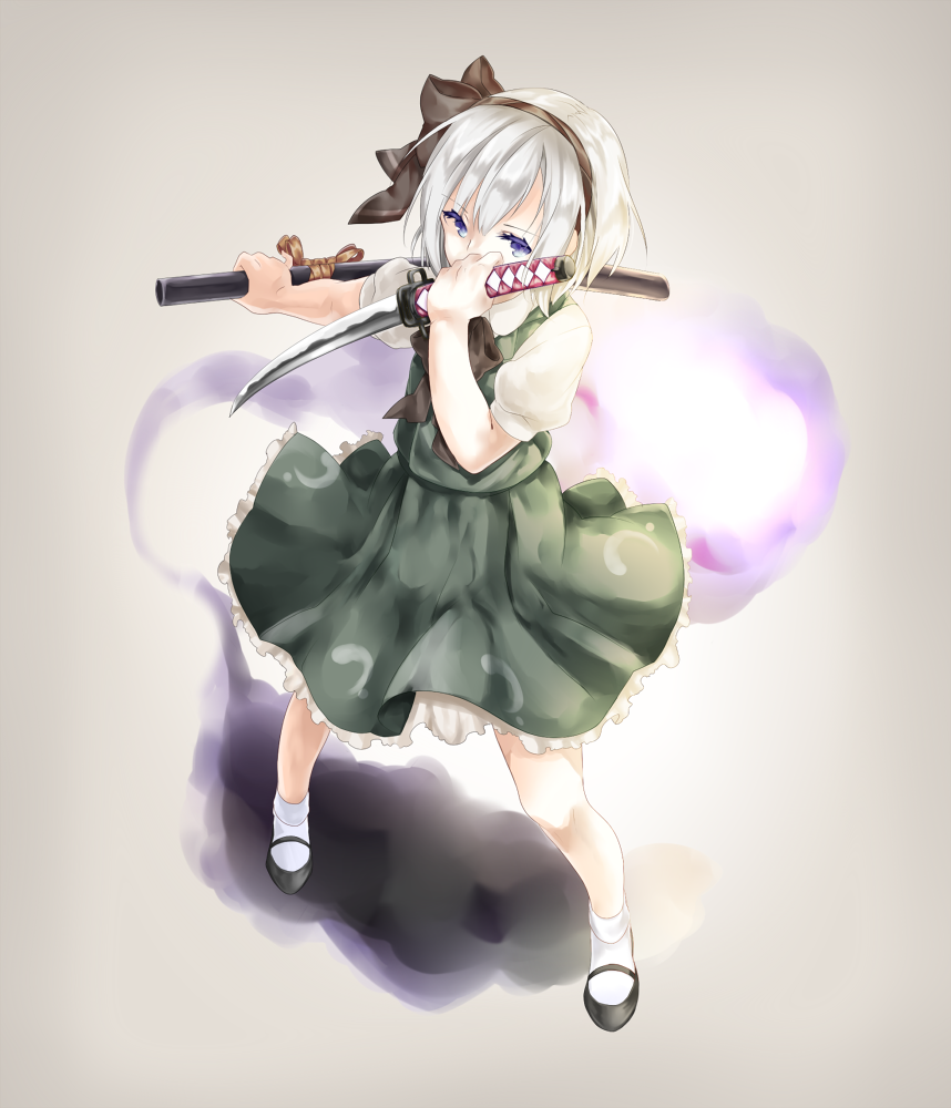 1girl, arm_up, blue_eyes, bobby_socks, bow, covering_mouth, from_above, grey_background, hair_ribbon, koko_1224, konpaku_youmu, konpaku_youmu_(ghost), looking_at_viewer, mary_janes, ribbon, shadow, shoes, short_hair, silver_hair, simple_background, skirt, skirt_set, socks, solo, touhou, unsheathed, wakizashi