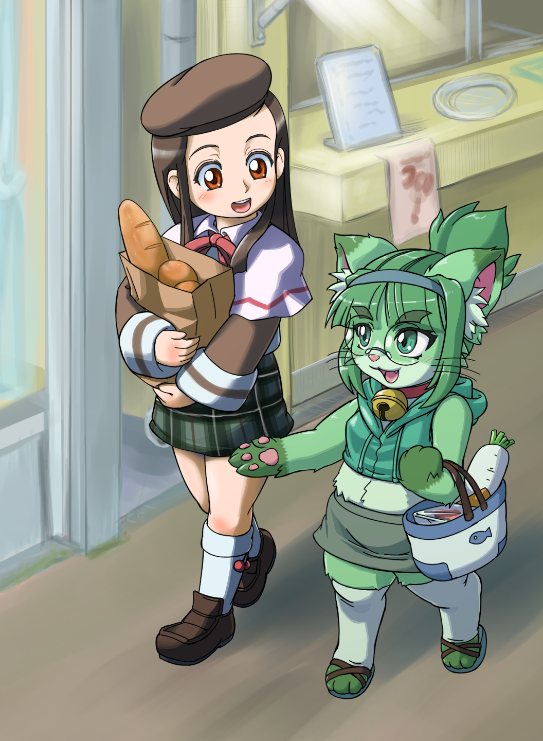 2girls, bell, beret, blush, bread, brown_hair, eyebrows, food
