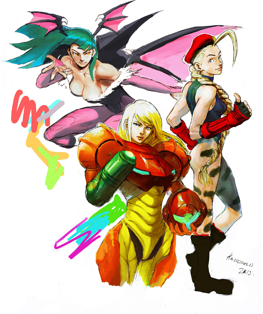 2013, 3girls, ahoge, arm_cannon, artist_name, bare_shoulders, bat_wings, beret