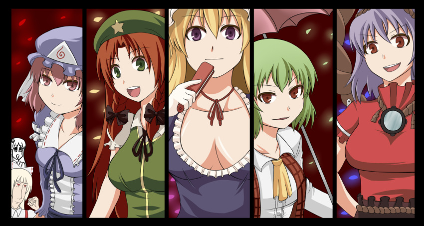 ascot, braid, breasts, bust, cleavage, column_lineup, fan, fujiwara_no_mokou