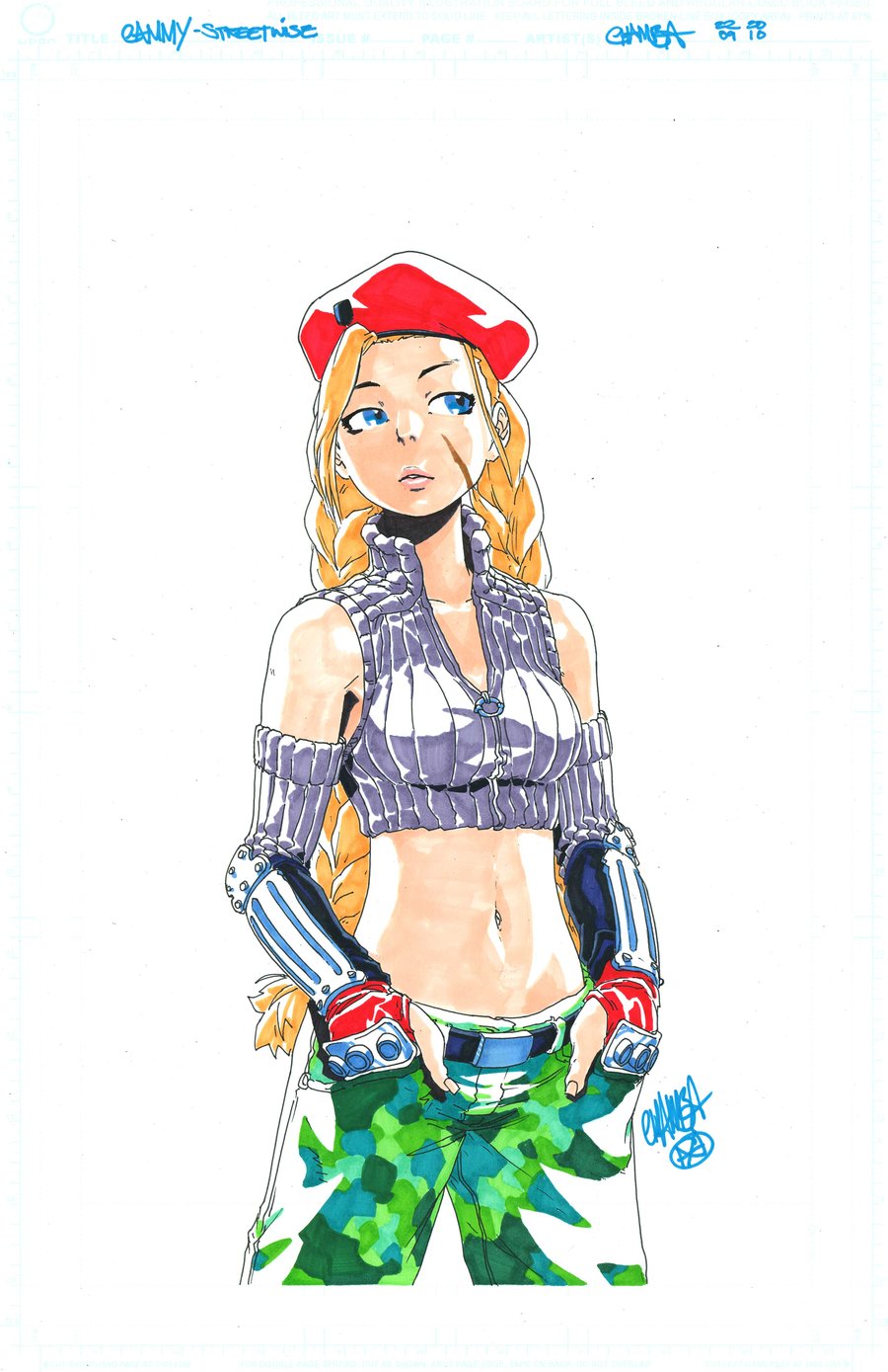 1girl, ahoge, alternate_costume, bare_shoulders, belt, beret, blonde_hair, blue_eyes, braid, breasts, cammy_white, camouflage_pants, crop_top, detached_sleeves, elbow_gloves, final_fight, final_fight_streetwise, fingerless_gloves, gloves, hands_in_pockets, hat, highres, huge_ahoge, jeffrey_cruz, lips, long_hair, marker_(medium), midriff, navel, scar, signature, solo, street_fighter, traditional_media, turtleneck, twin_braids, zipper