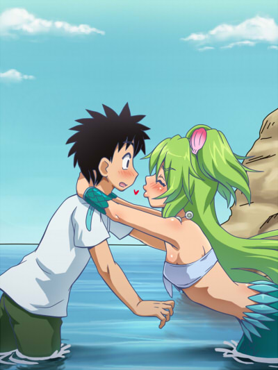 1boy, 1girl, awa, black_hair, blush, closed_eyes, clouds, green_hair, grey_eyes, hair_ornament, heart, jewelry, long_hair, mermaid, monster_girl, mukoujima_takurou, muromi-san, namiuchigiwa_no_muromi-san, necklace, open_mouth, pearl, rock, seashell, shell, short_sleeves, sky, spiky_hair, twintails, very_long_hair