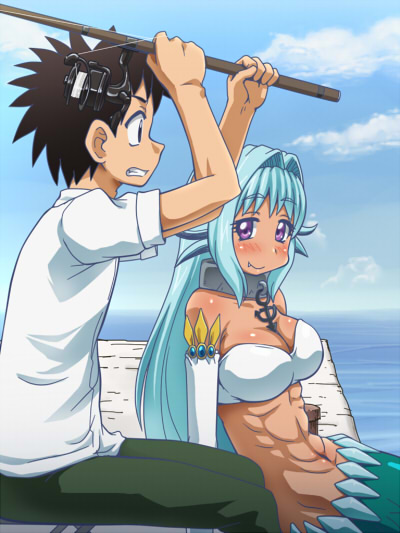 1boy, 1girl, abs, anchor, awa, black_eyes, black_hair, blush, breasts, choker, cleavage, fang, fishing_rod, hair_intakes, levia-san, long_hair, mermaid, monster_girl, mukoujima_takurou, namiuchigiwa_no_muromi-san, short_sleeves, sky, smile, spiky_hair, tan, very_long_hair, violet_eyes