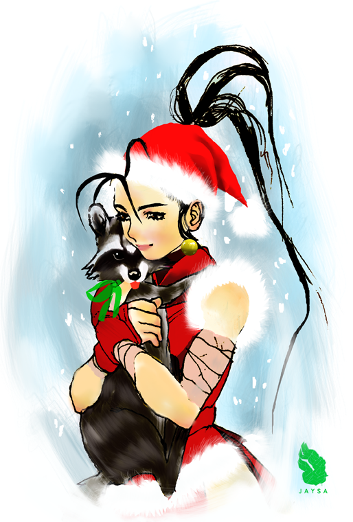 adapted_costume, animal, animal_ears, antenna_hair, bandages, black_hair, christmas, don_(street_fighter)
