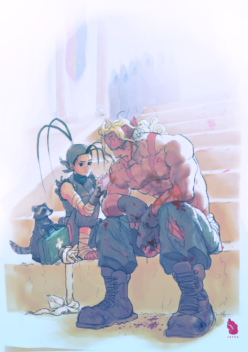 1boy, 1girl, alex, antenna_hair, bandages, barefoot, black_eye, black_hair, blonde_hair, blood, blue_eyes, boots, cuts, don_(street_fighter), fingerless_gloves, first_aid, first_aid_kit, gloves, headband, ibuki, injury, jaysa-laser, long_hair, muscle, ninja, ponytail, scarf, shirtless, sleeveless, stairs, street_fighter, street_fighter_iii, tanuki, tattoo, torn_clothes, torn_pants