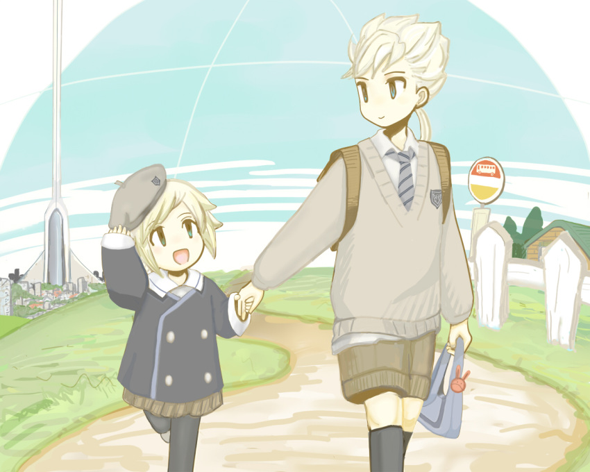 1boy, 1girl, asemu_asuno, bag, beret, blonde_hair, blue_eyes, brother_and_sister, bus_stop, city, gundam, gundam_age, haro, hat, holding_hands, house, jacket, long_hair, necktie, pantyhose, ponytail, school_uniform, siblings, smile, sweater, unoa_asuno, young