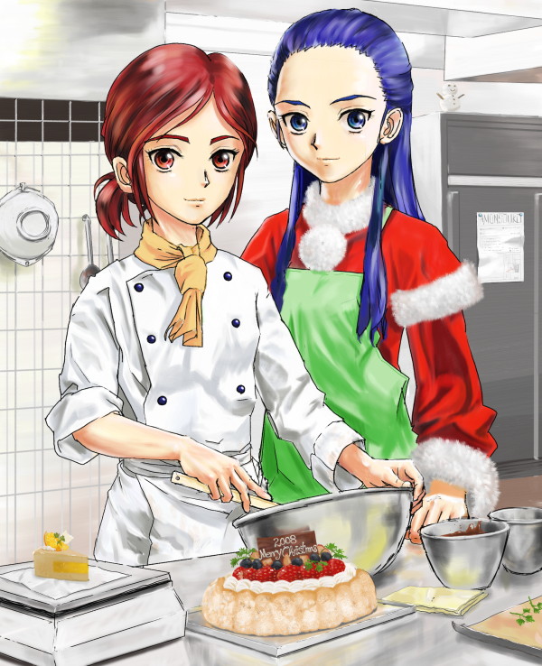 2008, 2girls, amon_(mulciber), apron, bad_id, blue_eyes, blue_hair, cake
