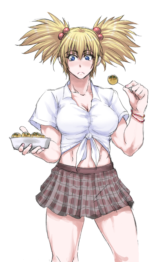 1girl, abs, blonde_hair, blue_eyes, blush, bracelet, breasts, cleavage
