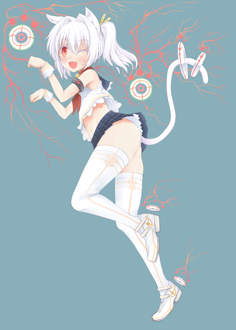 1girl, ;d, animal_ears, bell, bell_collar, blush, cat_ears, cat_tail