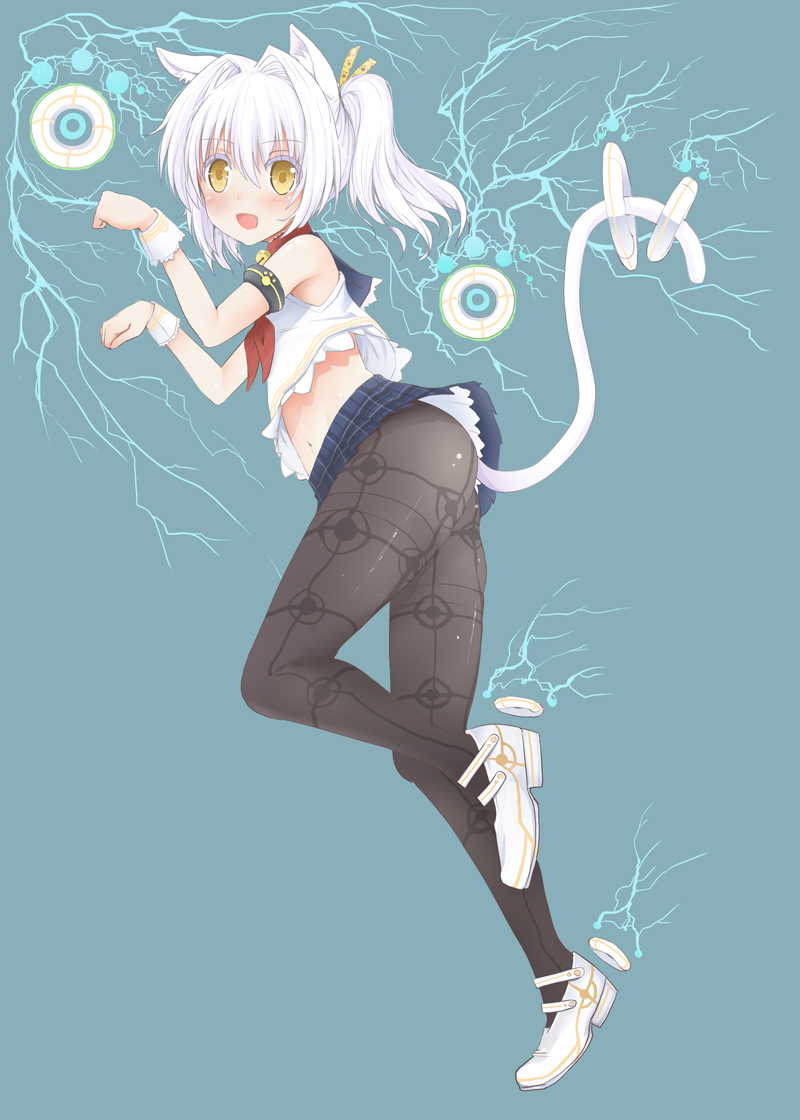1girl, :d, animal_ears, bell, bell_collar, black_legwear, blush, cat_ears