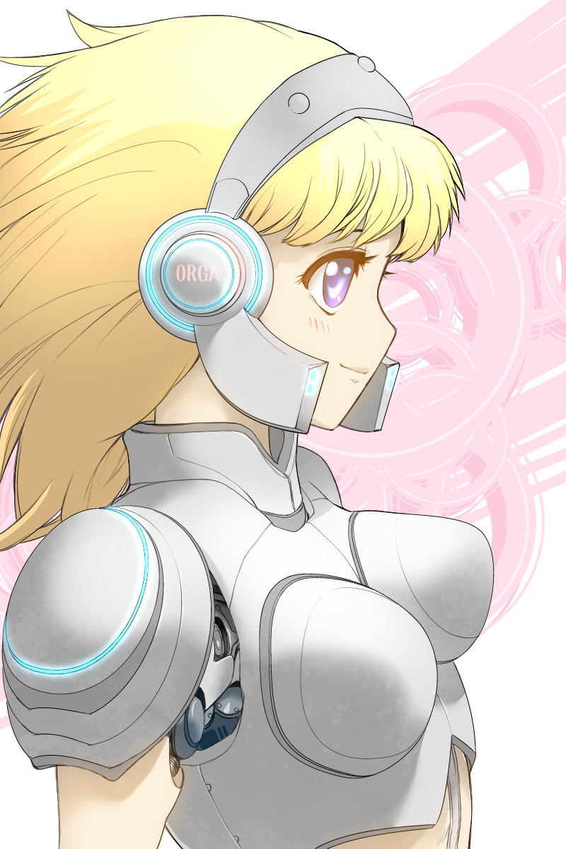 1girl, android, armor, blonde_hair, blue_eyes, breasts, engrish, headgear