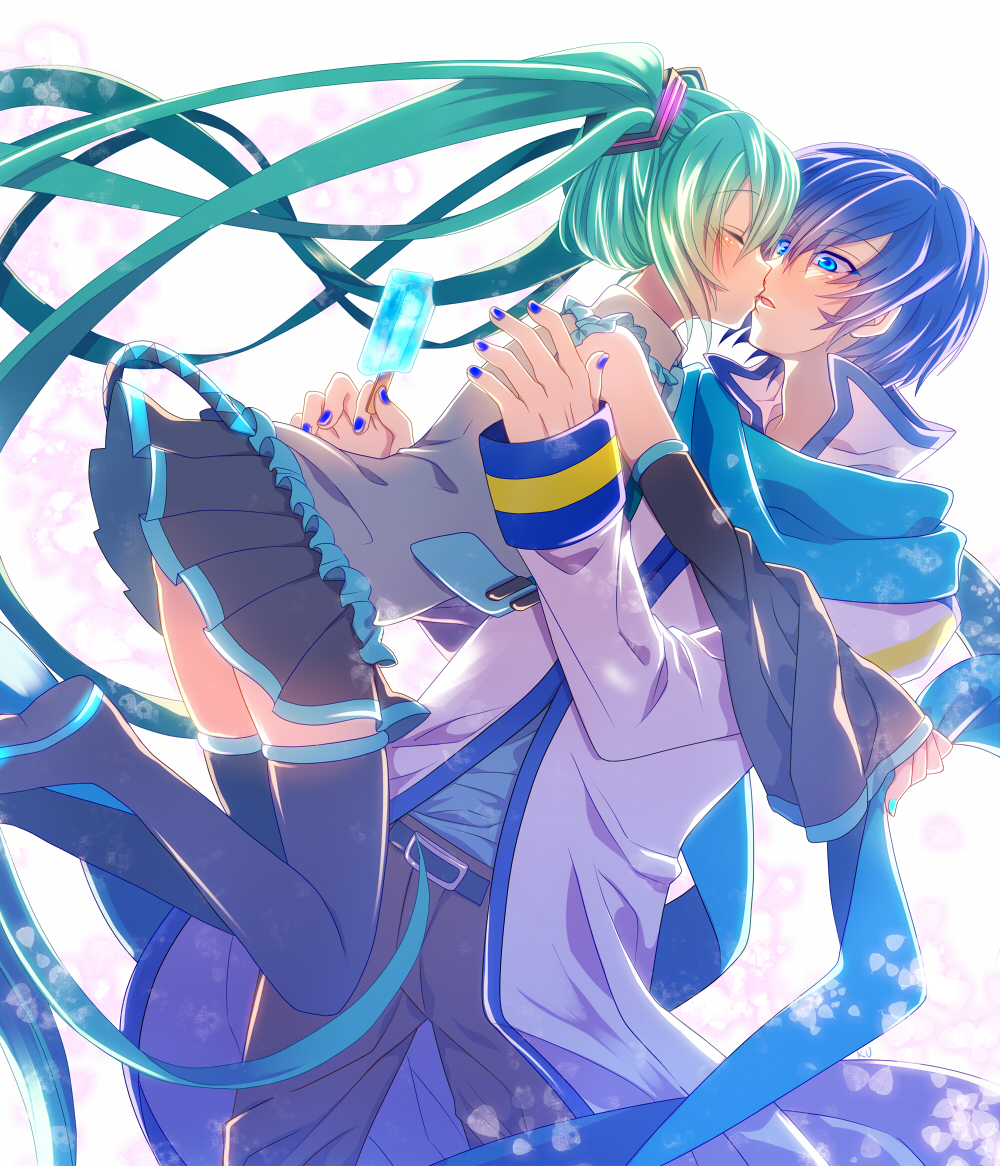 1boy, 1girl, belt, blue_eyes, blue_hair, blush, boots, closed_eyes