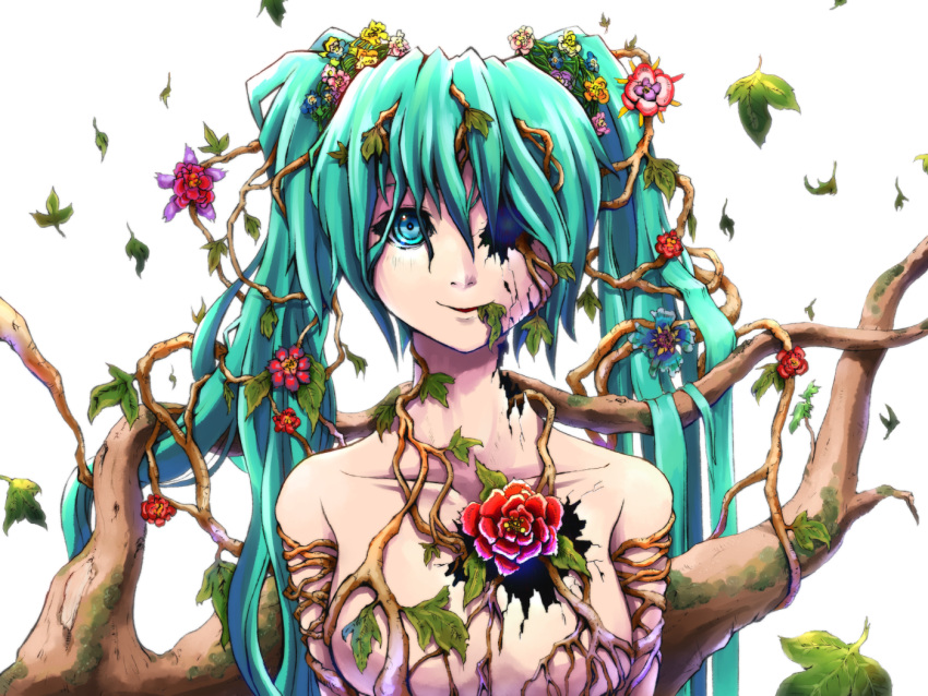 1girl, aqua_hair, broken, flower, hair_flower, hair_ornament, hatsune_miku, long_hair