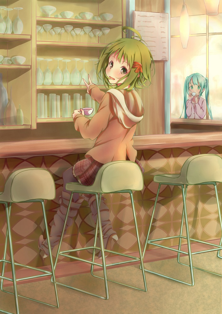 2girls, aqua_eyes, aqua_hair, boots, cup, drinking, glass, green_hair
