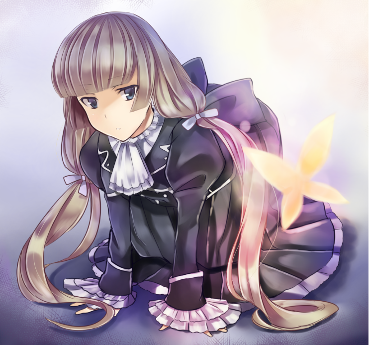 1girl, all_fours, alternate_hairstyle, ascot, bangs, blonde_hair, blunt_bangs, butterfly