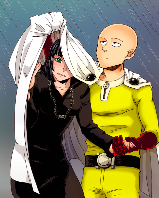 1boy, 1girl, bald, black_dress, black_hair, blush, cape, dress, fubuki_(onepunch_man), gloves, green_eyes, holding_hands, onepunch_man, rain, saitama_(onepunch_man), sen_(whiteoutreo)