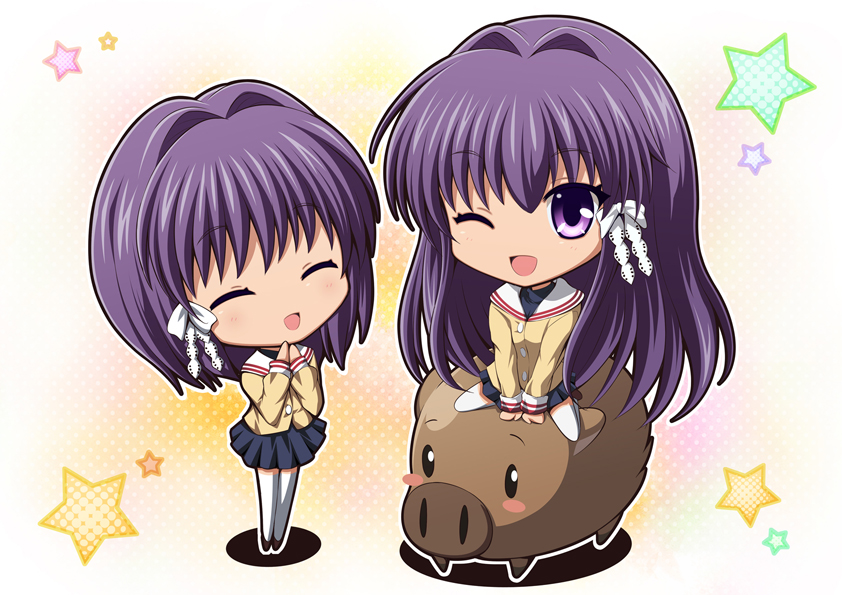 botan, chibi, clannad, closed_eyes, fujibayashi_kyou, fujibayashi_ryou, hair_ribbon, isumi