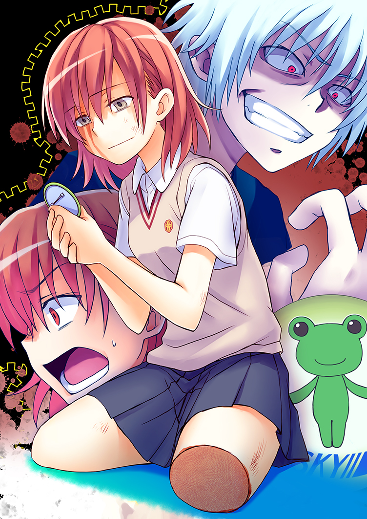 2girls, accelerator, brown_eyes, brown_hair, choker, gekota, maruyama_en, misaka_imouto