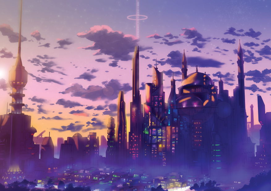 building, cannon_dancer, city, fateline_alpha, house, no_humans, original, science_fiction, skyscraper, space_elevator, star_(sky), strider_(video_game), sunset